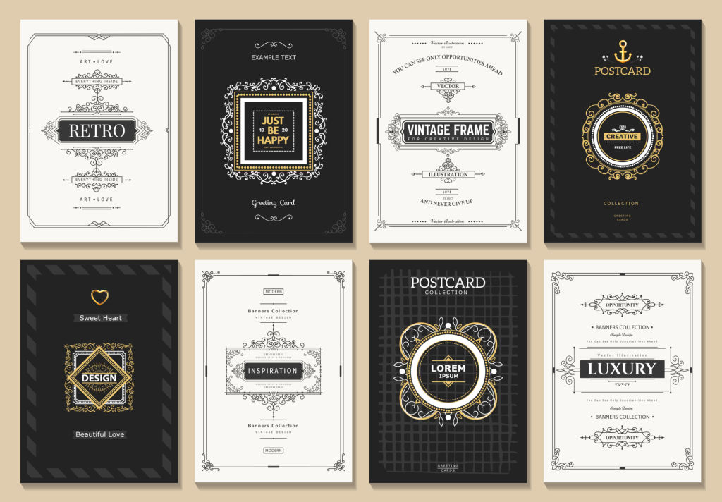 Monogram creative cards template with beautiful flourishes ornament elements. Elegant design for corporate identity, invitation. Design of background products.