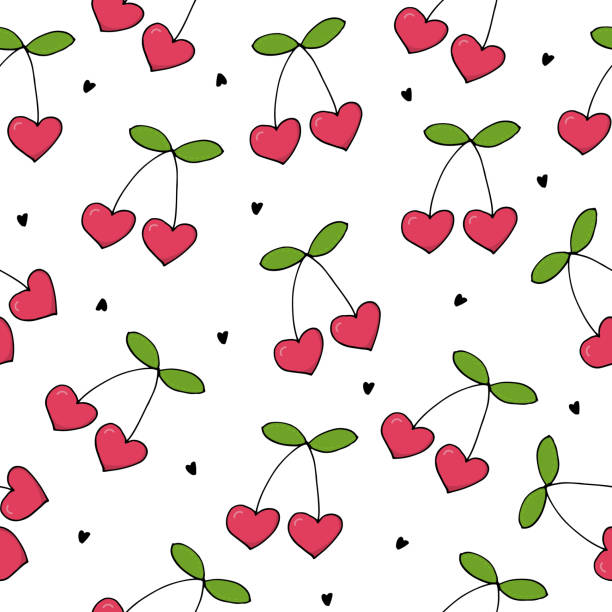 kartka walentynkowa. ładny ręcznie rysowany bezszwowy wzór z wiśnią. - cherry valentine stock illustrations