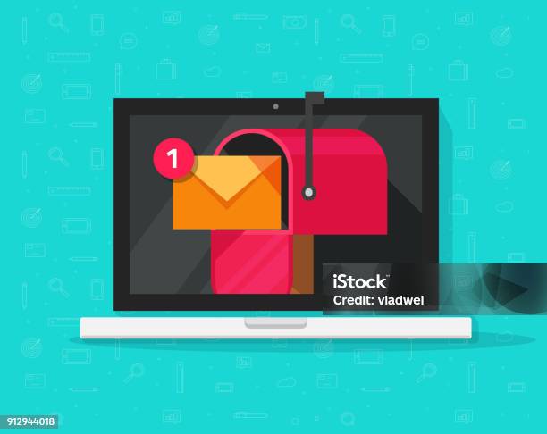 Mailbox Computer Computer With Mailbox On Screen Vector Illustration Flat Cartoon Laptop ...