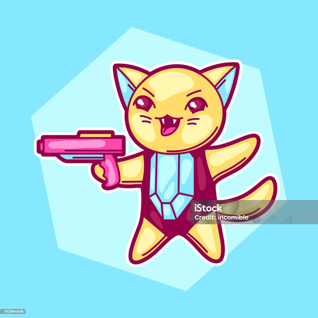 Japanese anime cosplay cat. Cute kawaii character with gun Japanese anime cosplay cat. Cute kawaii character with gun. Domestic Cat stock vector