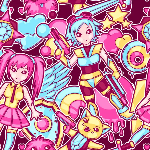 Vector illustration of Japanese anime cosplay seamless pattern. Cute kawaii characters and items