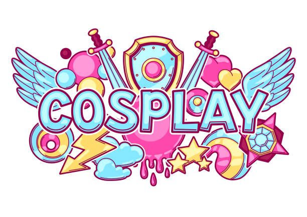 japoński druk cosplay anime. słodkie postacie i przedmioty kawaii - cosplay stock illustrations