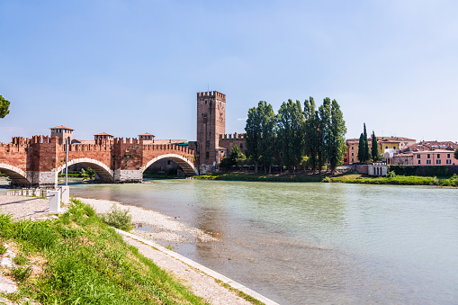 Verona, Italy. Scenery with Adige River and Ponte Scaligero and Castelvecchio, medieval landmarks