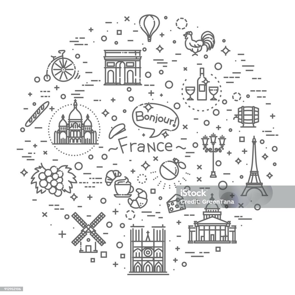 Définir le vecteur ligne icônes au design plat France - clipart vectoriel de Paris - France libre de droits