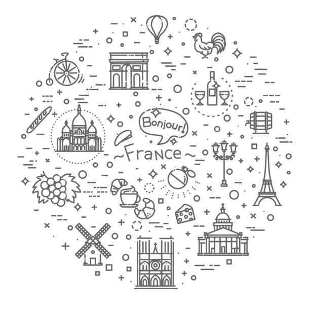установите значки векторной линии в плоском дизайне франция - pantheon paris paris france france europe stock illustrations