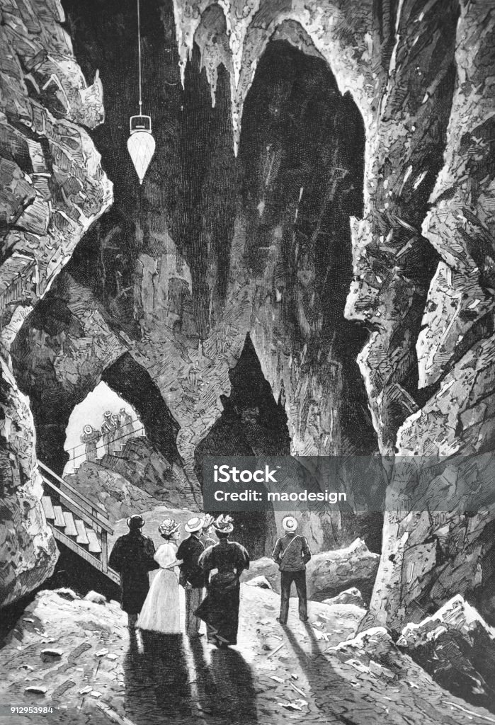 Group of people visit the rock cave - 1896 Tourism stock illustration