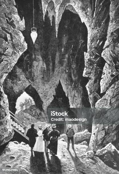 Group Of People Visit The Rock Cave 1896 Stock Illustration - Download Image Now - Tourism, Tourist, 1896