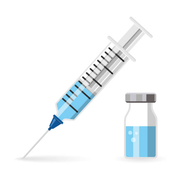 Plastic Medical Syringe and Vial Icon Icon plastic medical syringe with needle and vial in flat style, concept of vaccination, injection, isolated vector illustration dose stock illustrations