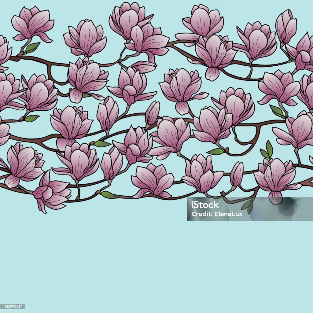 Magnolia Spring Seamless Border Magnolia outline spring seamless horizon border. Floral wallpaper for romantic backgrounds, textile, prints, patterns, covers, coloring pages with text place. Art stock vector
