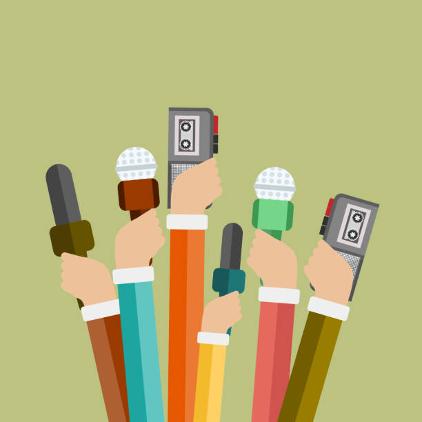 ilustrações de stock, clip art, desenhos animados e ícones de microphones in reporter hands. set of microphones and camera isolated on green background. mass media, television, interview, breaking news, press conference concept. flat vector illustration. - newspaper the media backgrounds business