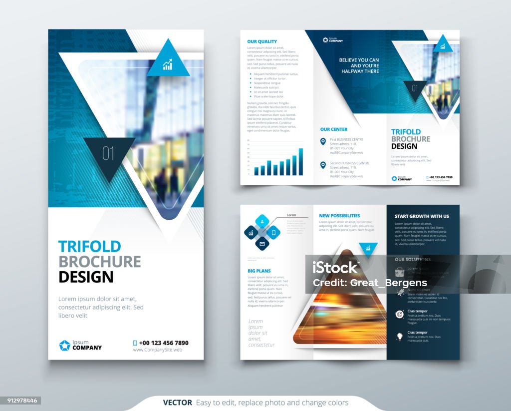 Tri fold brochure design. Blue template for Tri fold flyer. Layout with modern triangle photo and abstract background. Creative concept folded flyer or brochure. Flyer - Leaflet stock vector