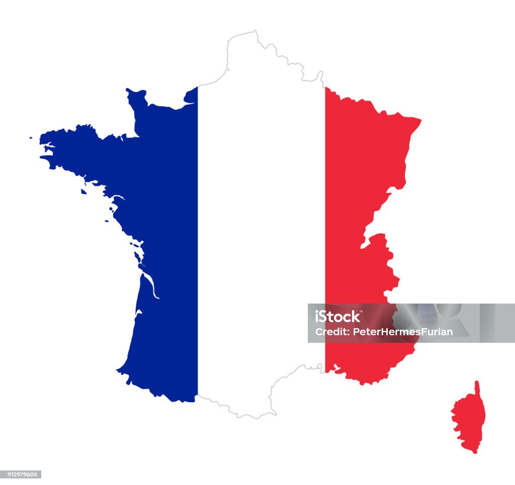 France flag in silhouette of the country French Republic. Flag in silhouette of France. Country and borders as outline. The colors of the nation. Banner with blue, white and red stripes. Isolated. Illustration on white background. Vector. France stock vector