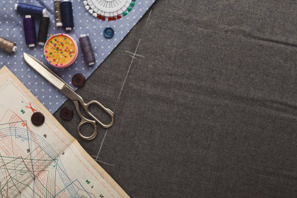istock Workspace of fashion designer, top view 912985844