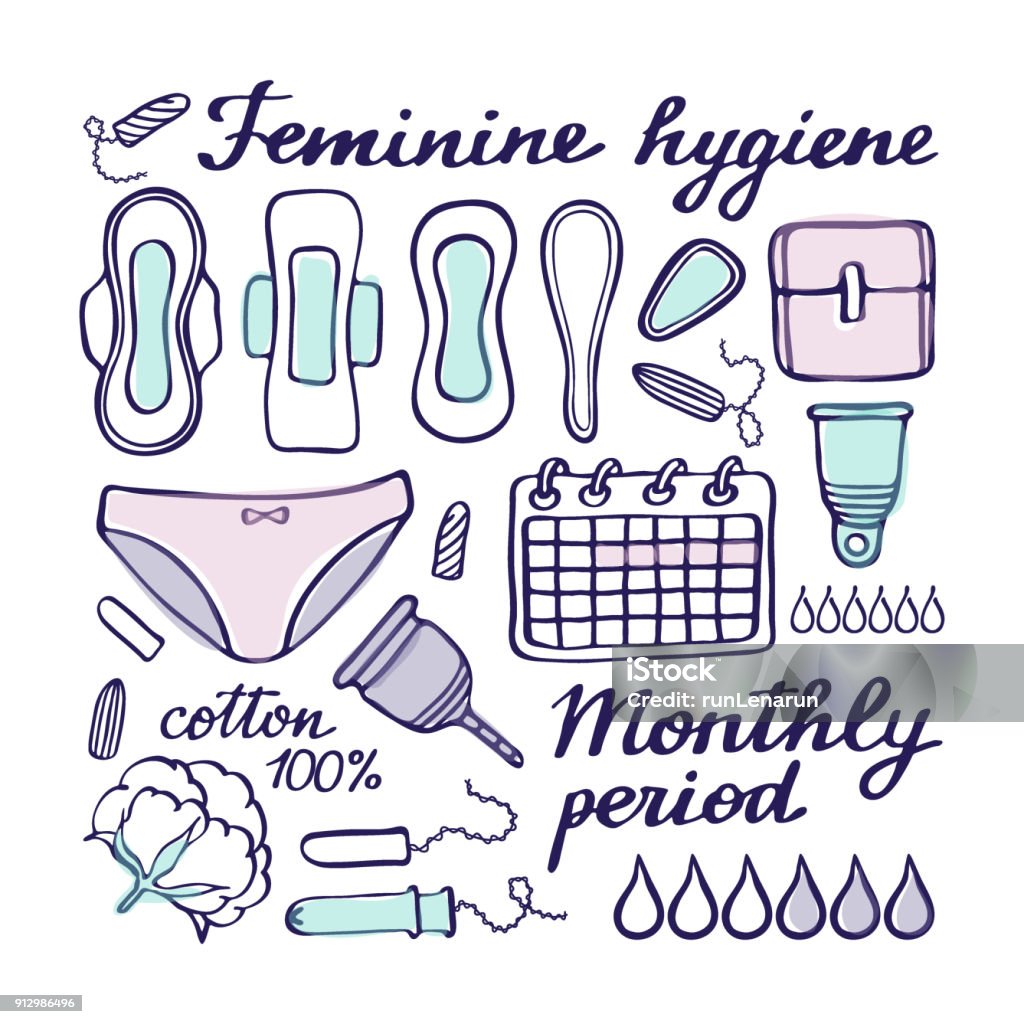 Feminine hygiene doodle vector set Feminine hygiene doodle vector set. Hand-drawn cartoon collection - sanitary napkin, tampon, menstrual cup, panties, monthly calendar. Doodle drawing. Vector illustration Doodle stock vector
