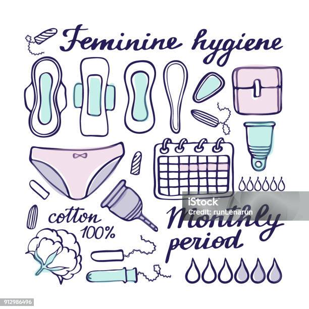 Feminine Hygiene Doodle Vector Set Stock Illustration - Download Image Now - Doodle, Drawing - Art Product, Menstruation