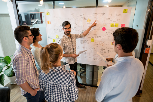 Man in a business meeting at the office sharing ideas and pointing at a business plan on a board