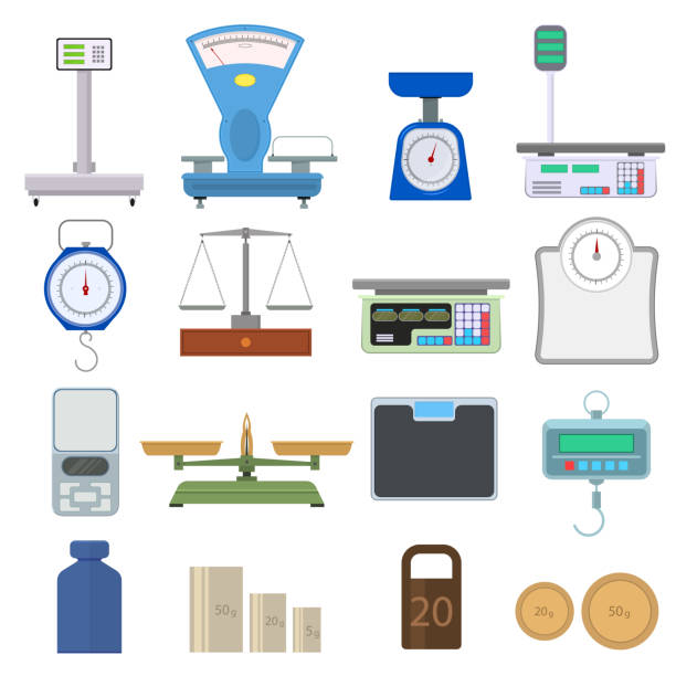 Set of instruments for weighing. Set of instruments for weighing. Scales in flat style. Device for measuring weight. Isolated on white background. Vector illustration. scale weight stock illustrations