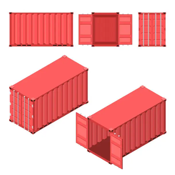 Vector illustration of The red shipping container. Flat and isometric styles.