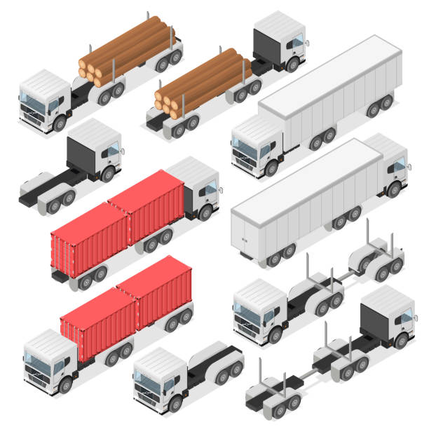 ilustraciones, imágenes clip art, dibujos animados e iconos de stock de juego de camiones en una vista isométrica. - isometric truck traffic semi truck