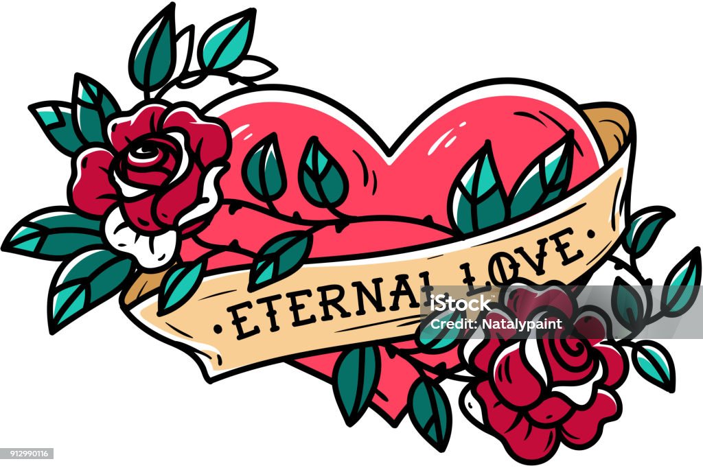 Heart entwined in climbing rose tattoo. Tattoo heart with ribbon and roses. Eternal love. Forever love Heart entwined in climbing rose tattoo. Heart entwined in ribbon. Tattoo heart with ribbon and roses. Old school styled. Ribbon with lettering Eternal love. Forever love Tattoo stock vector