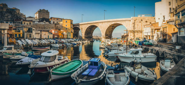 Panoramic Small fishing Port Emblematic of Marseille in France Marseille - Panoramic Vallon des Auffes / Small fishing port emblematic of Marseille in France marseille stock pictures, royalty-free photos & images