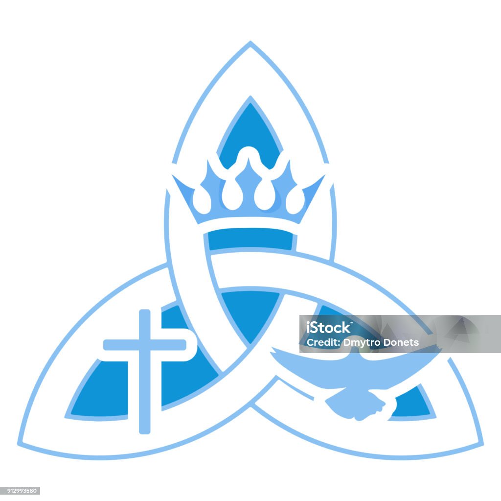 Vector illustration for Christian community: Holy Trinity. Trinity symbol. Vector illustration for Christian community: Holy Trinity. Trinity symbol with three hypostases as one God: Crown for the Father, Cross for the Son Jesus Christ, and the Holy Spirit as a dove. Holy Trinity stock vector