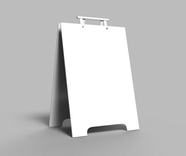 Crezon or PVC A-frame sandwich boards for design mock up and presentation. white blank 3d render illustration. Crezon or PVC A-frame sandwich boards for design mock up and presentation. white blank banner commercial sign outdoors marketing stock pictures, royalty-free photos & images