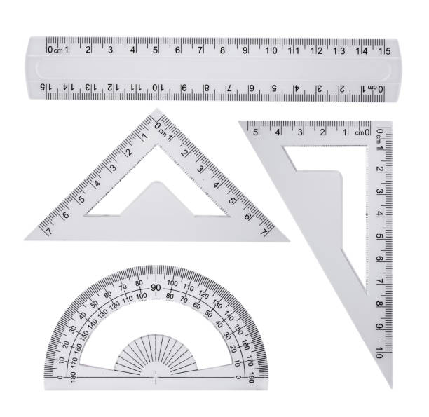 plastic ruler, protractor triangle isolated on white background - ruler triangle work tool drawing imagens e fotografias de stock