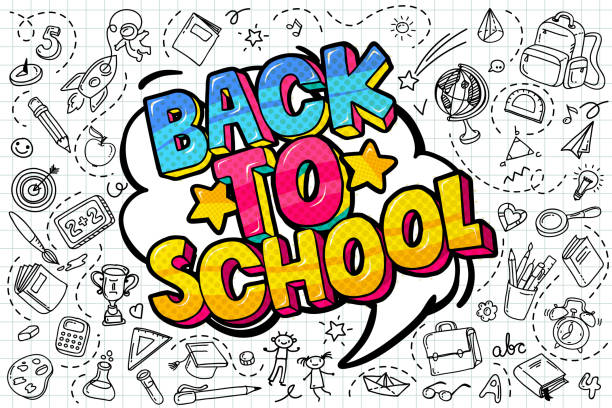 Back to school. Concept of education. School background with hand drawn school supplies and comic speech bubble with Back to School lettering in pop art style. junior high stock illustrations