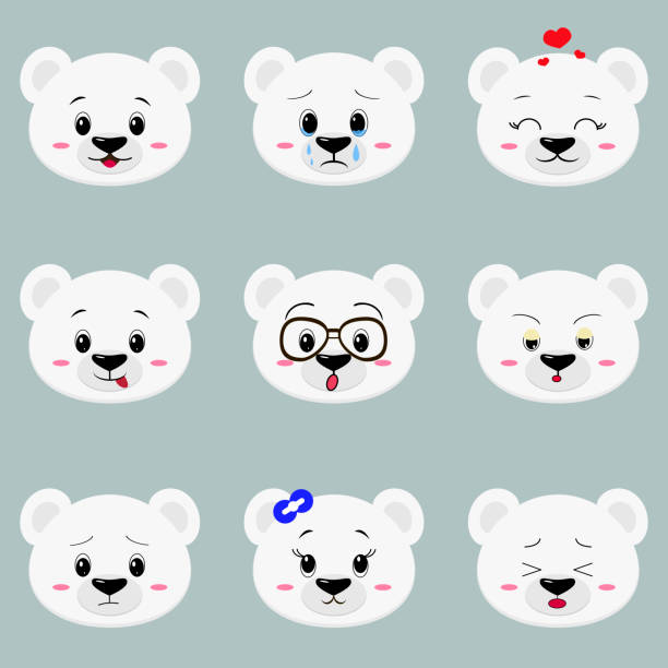 Set Of Cute Polar White Bear Face Different Emotions In Cartoon