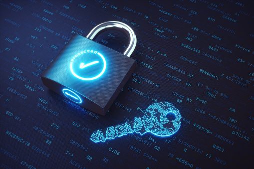 Top view on a padlock and digital key lying on a binary code surface. The padlock is locked and displays a glowing checkmark symbol.

