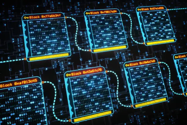 An abstract digital interface showing the concept of blockchain technology with binary hash data inside each block. The background contains schematics resembling a flowchart.

