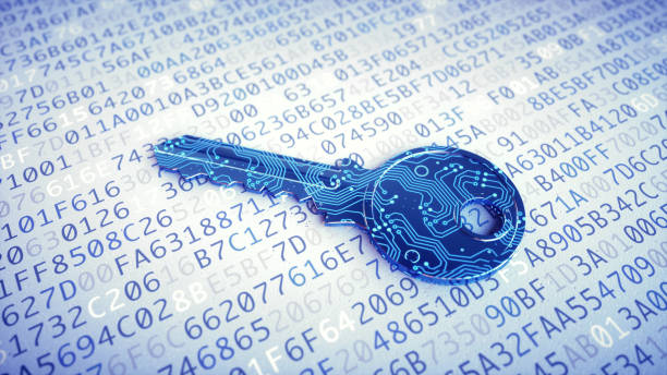 Digital key macro on encrypted data A low angle view on a blue digital key made to resemble a circuit and placed on a surface with encrypted text.

 encryption stock pictures, royalty-free photos & images