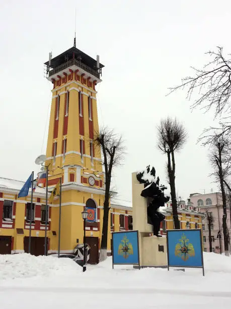 Yaroslavl, Russia, on 30 January 2018. Fire tower, the main entrance to the building. EMERCOM of Russia.
