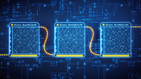 An abstract digital interface showing the concept of blockchain technology with binary hash data inside each block.  The background contains schematics resembling a flowchart.\n\n