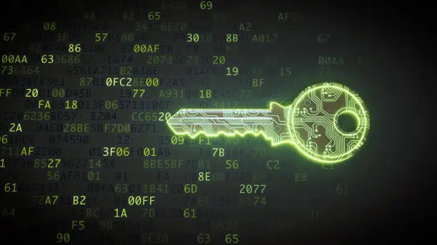 Photo of Green circuit digital key on binary code