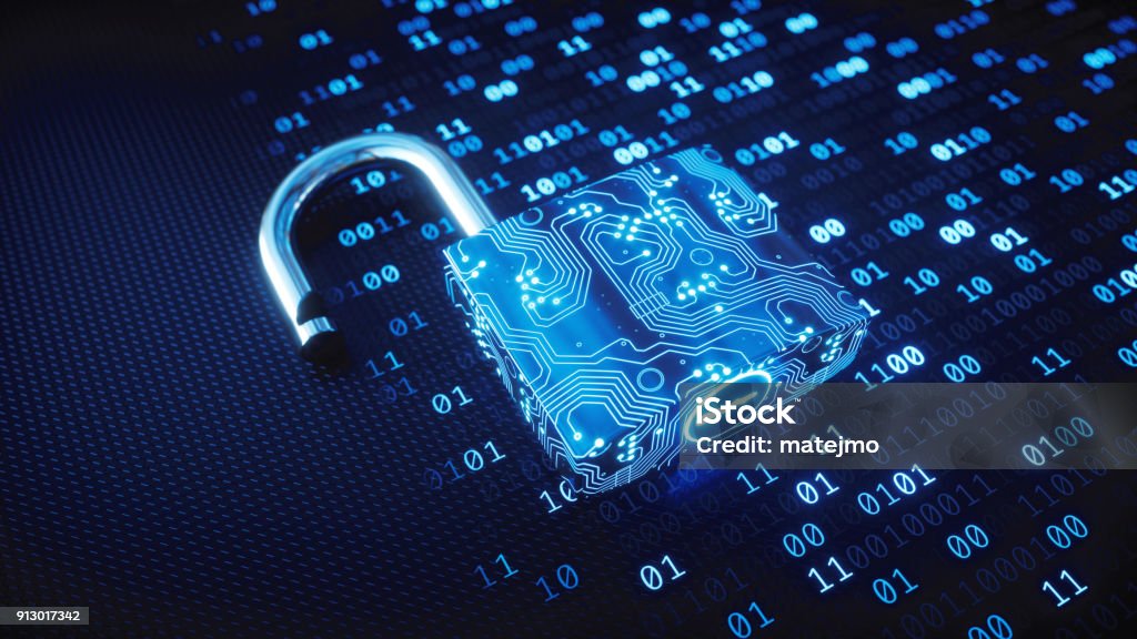 Blue circuitry digital lock on binary code Low angle view on a blue padlock made to resemble a circuit board and placed on binary computer code.

 Security Stock Photo