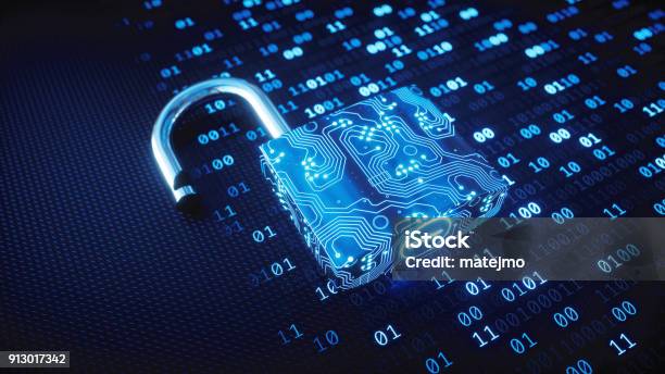 Blue Circuitry Digital Lock On Binary Code Stock Photo - Download Image Now - Security, Security System, Data