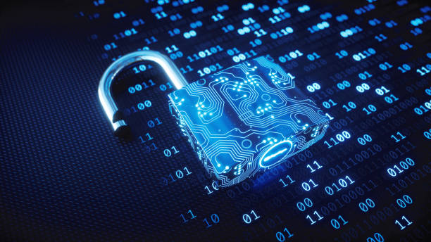 blue circuitry digital lock on binary code - cyber security imagens e fotografias de stock