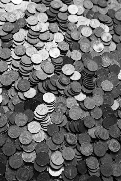 Russian iron money ruble scattered on the table