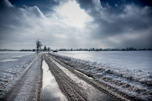 Country Road in Winter, landscape covered with snow.