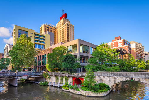 San Antonio, Texas, USA downtown skyline on the river walk.