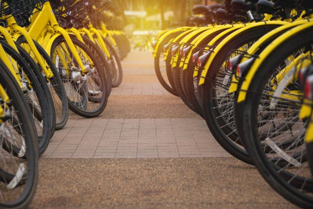 istock Rental bikes in urban. Shared bicycle public bicycle. 913033524