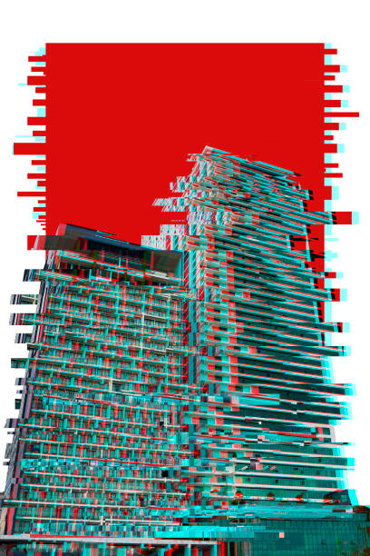 modern skyscrapers on a red and white background. Trendy Glitch effect