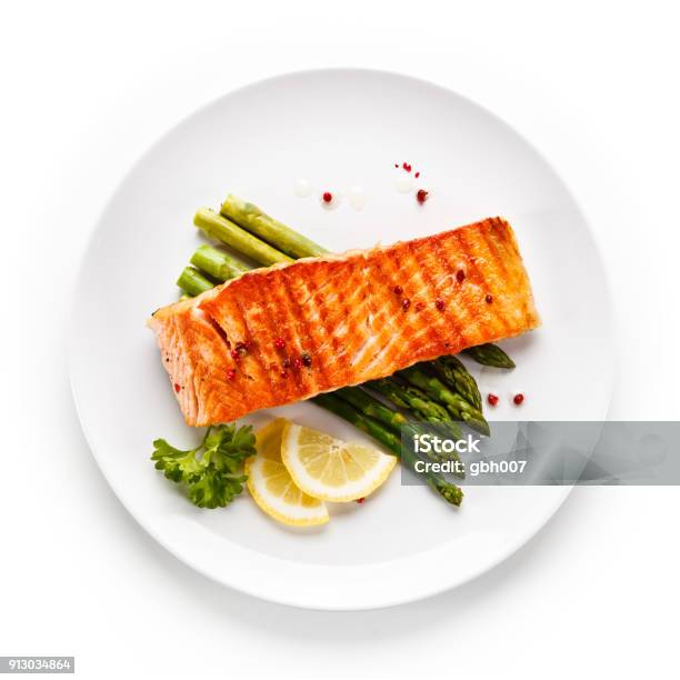 Fish Dish Grilled Salmon And Asparagus Stock Photo - Download Image Now - Salmon - Seafood, Plate, Fish