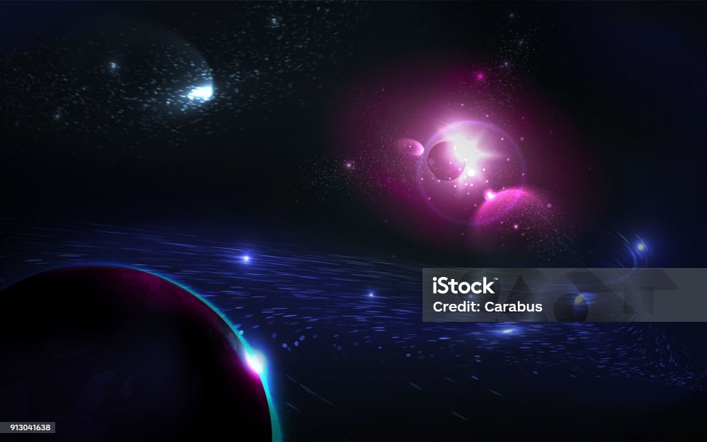 Colorful nebula in space background. Glowing planet in starlight. Cosmic vector illustration. Colorful Nebula in Space Background. Glowing planet in starlight. Realistic cosmic vector illustration. Planet - Space stock vector