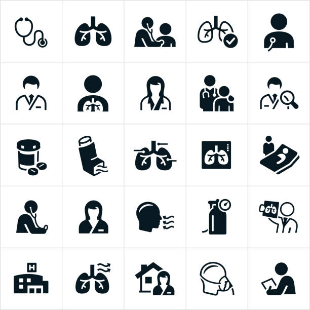 Respiratory Therapy Icons A set of respiratory therapy or pulmonary medicine icons. The icons include lungs, stethoscope, checkup, doctor, healthcare professionals, patients, nurse, medication, inhaler, x-ray, oxygen tank, hospital, home health, oxygen mask and other related icons. person oxygen tank stock illustrations