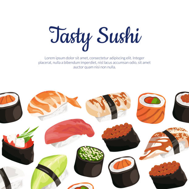 ilustraciones, imágenes clip art, dibujos animados e iconos de stock de fondo de vector cartoon sushi tipos - sushi cartoon food wallpaper pattern