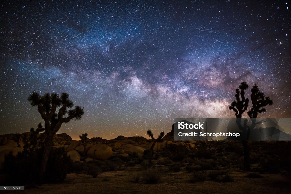 Milky Way in the desert Desert landscape at night with Milky Way. Joshua tree national park in California, USA. Night Stock Photo