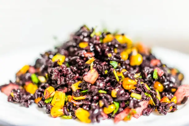 Macro closeup of forbidden Chinese black rice dish with corn, vegetables, onions, cilantro on plate isolated